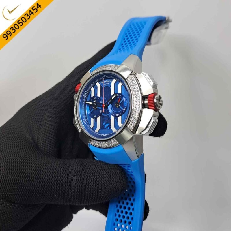 Jacob & Co Epic X Chronograph Silver Diamond Blue Dial Swiss Watch - Image 2