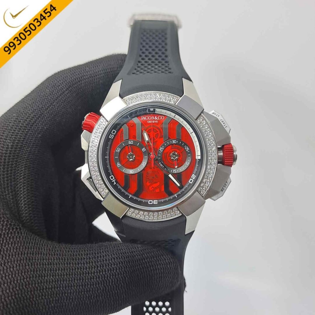 Jacob & Co Epic X Chronograph Silver Diamond Red Dial Black Strap Swiss Watch