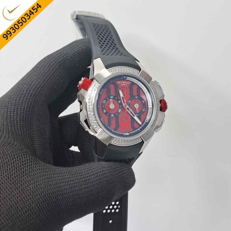 Jacob & Co Epic X Chronograph Silver Diamond Red Dial Black Strap Swiss Watch - Image 3