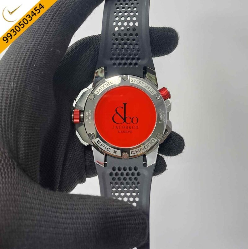 Jacob & Co Epic X Chronograph Silver Diamond Red Dial Black Strap Swiss Watch - Image 4