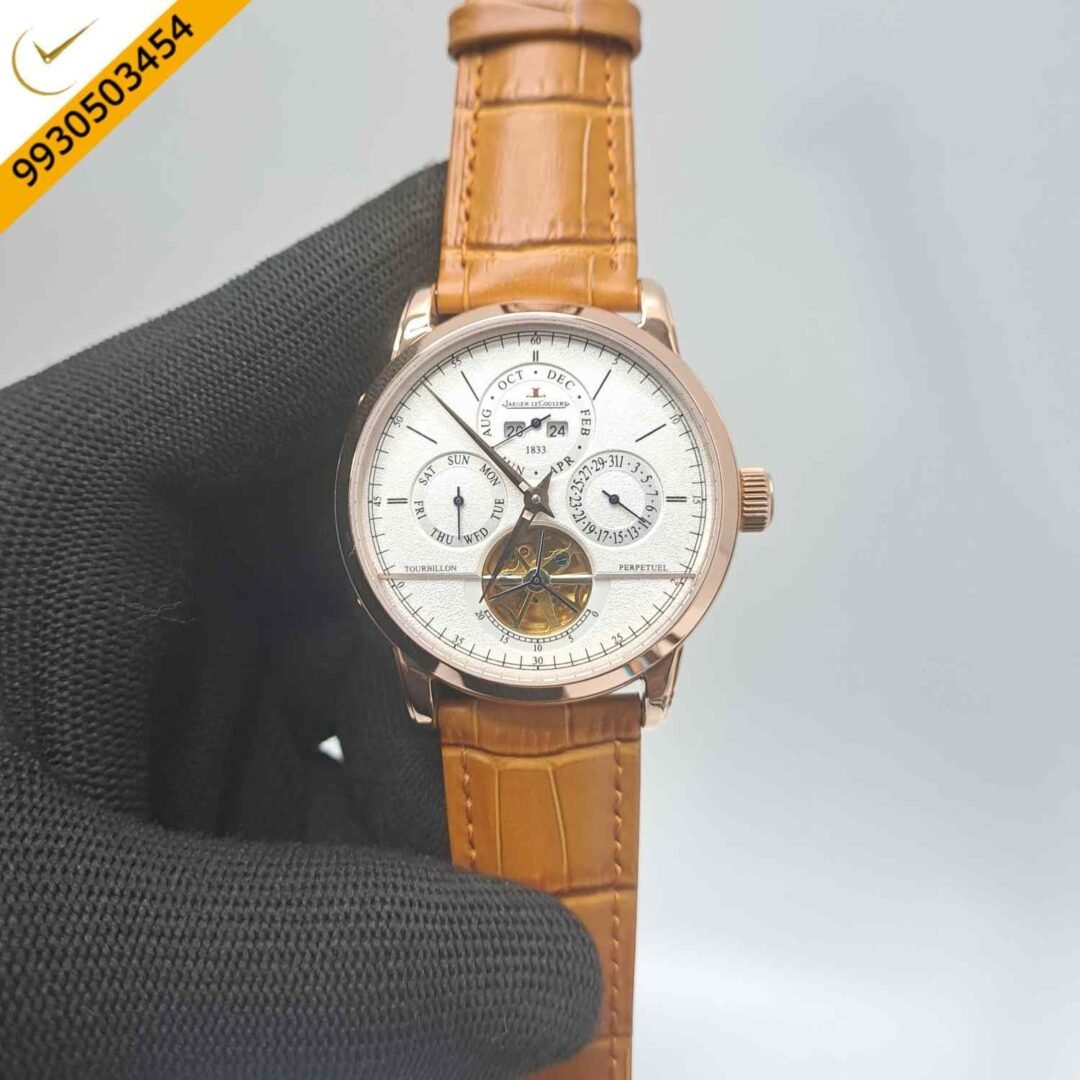 Jaeger LeCoultre Perpetual Calendar Tourbillon Rose gold White Dial Leather Strap Swiss Automatic Watch