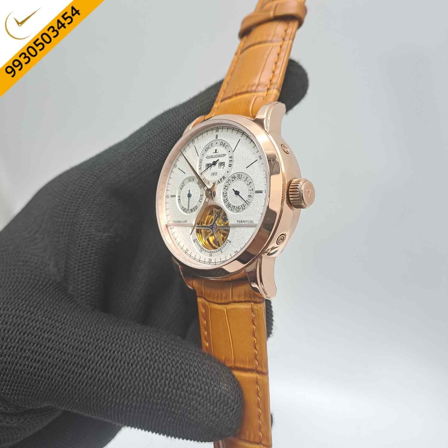 Jaeger LeCoultre Perpetual Calendar Tourbillon Rose gold White Dial Leather Strap Swiss Automatic Watch - Image 3