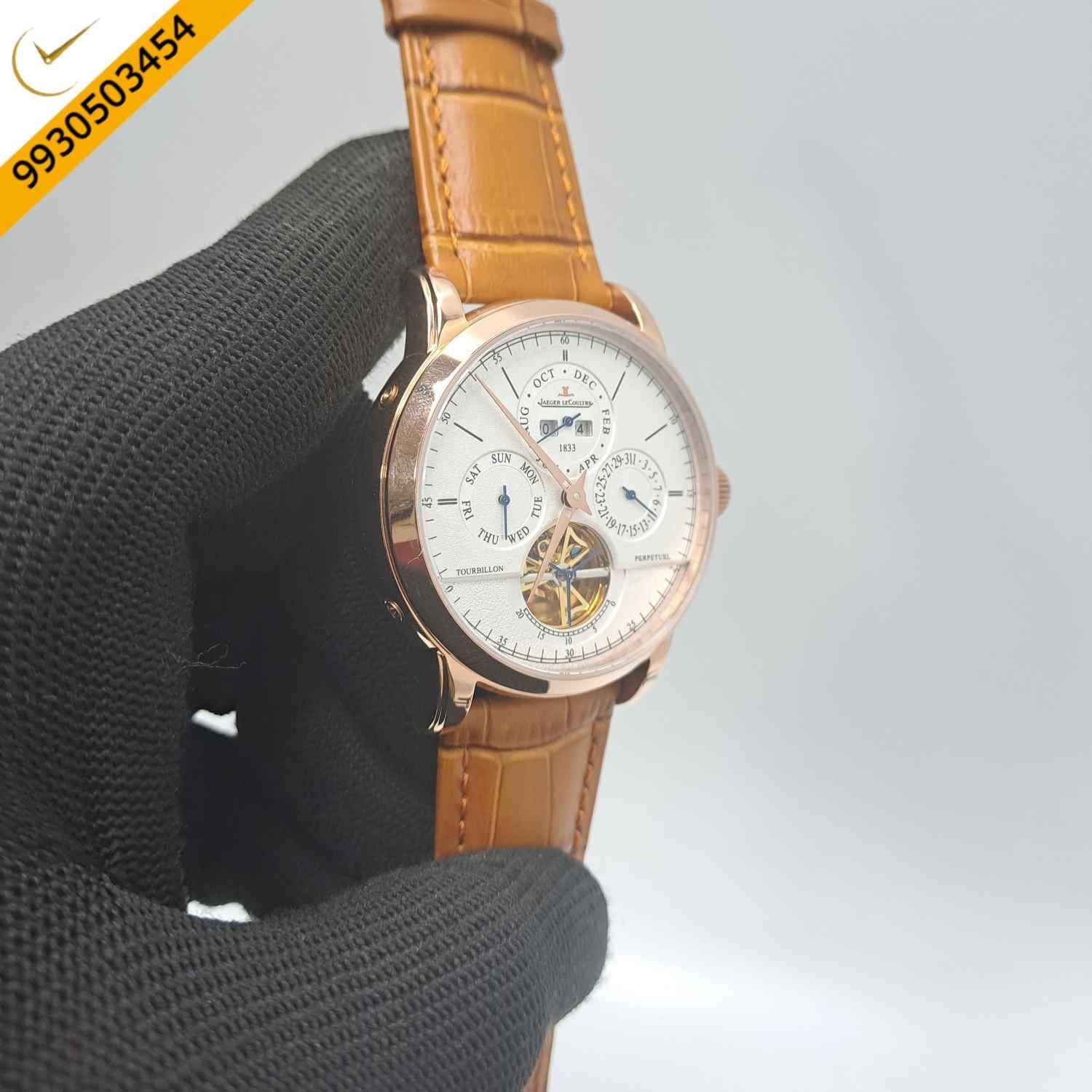 Jaeger LeCoultre Perpetual Calendar Tourbillon Rose gold White Dial Leather Strap Swiss Automatic Watch - Image 2