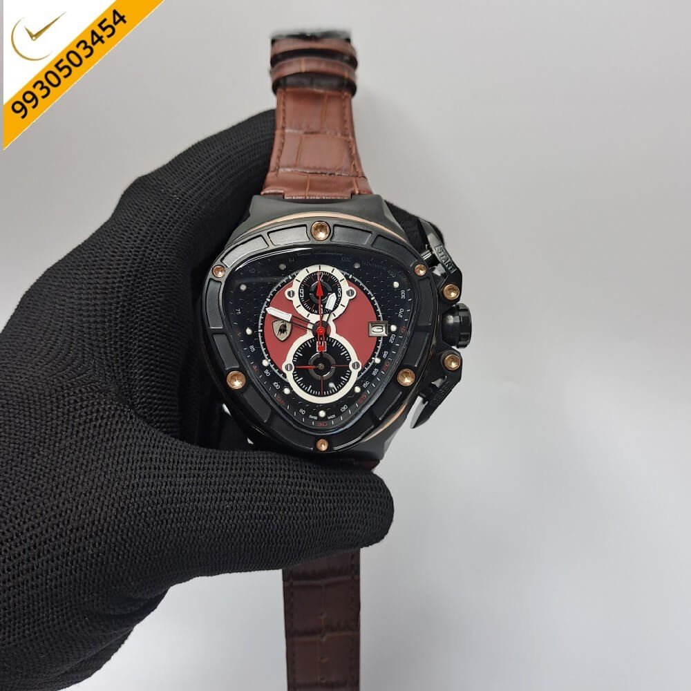 Lamborghini Tonino Spyder Full Black Red Chronograph Brown Leather Strap Swiss Watch