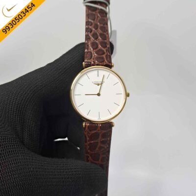 Longines La Grande Classique Full Gold White Dial Brown Leather Strap Swiss Watch