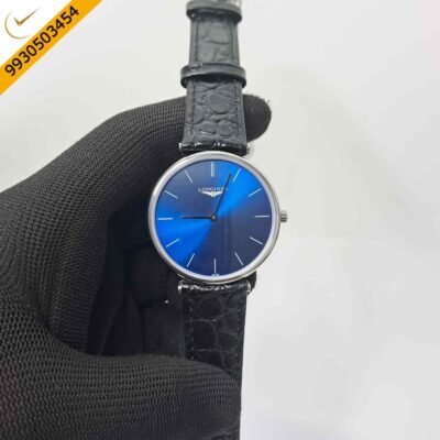Longines La Grande Classique Full Silver Blue Dial Black Leather Strap Swiss Watch