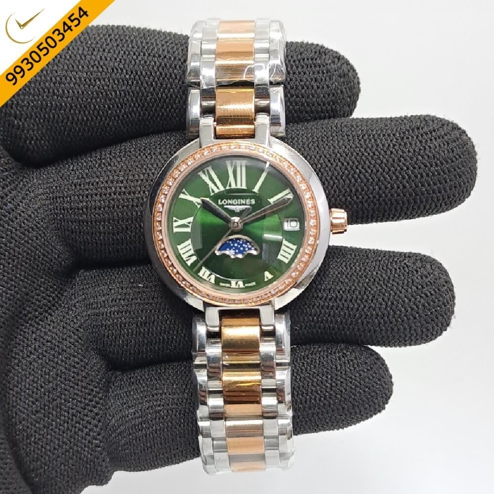 Longines PrimaLuna Dual Tone Diamond Green Dial Watch