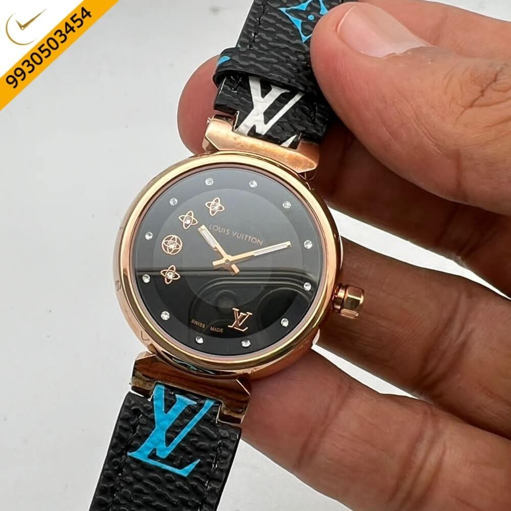 Louis Vuitton Rose Gold Black Dial Leather Watch