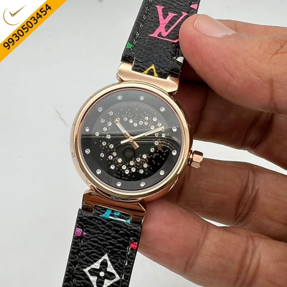Louis Vuitton Rose Gold Black Dial Leather Watch