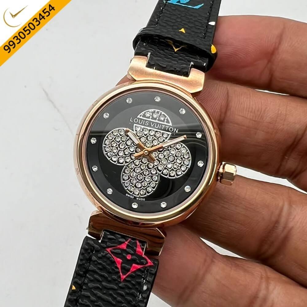 Louis Vuitton Rose Gold Black Dial Leather Watch