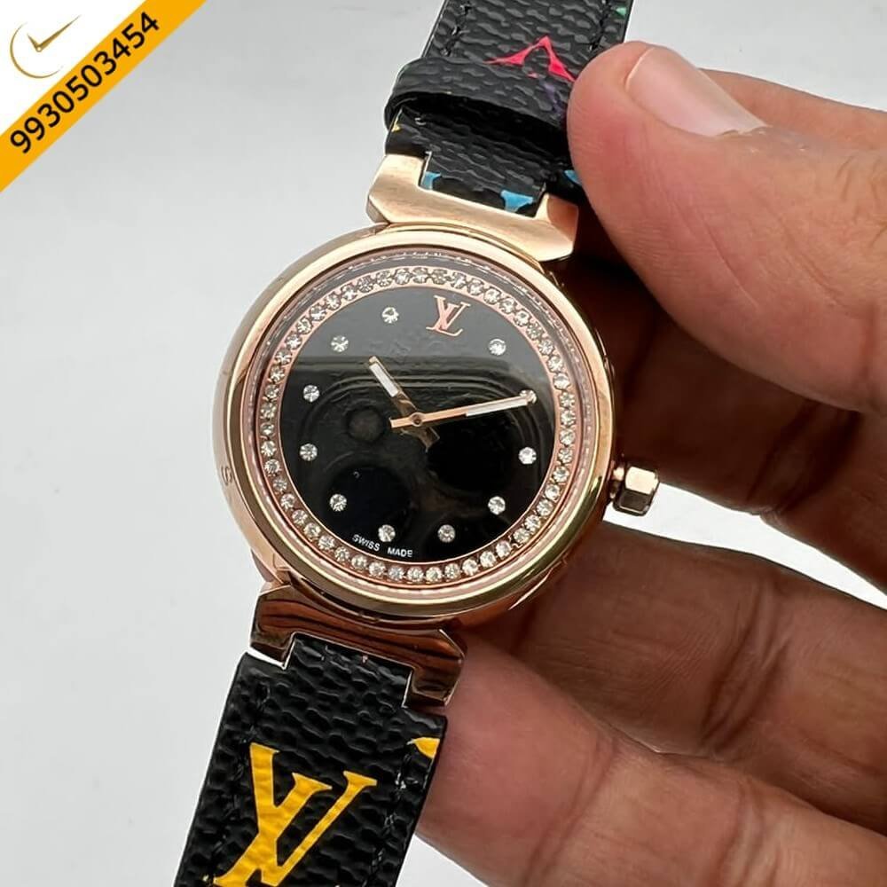 Louis Vuitton Rose Gold Diamond Studded Black Dial Leather Watch