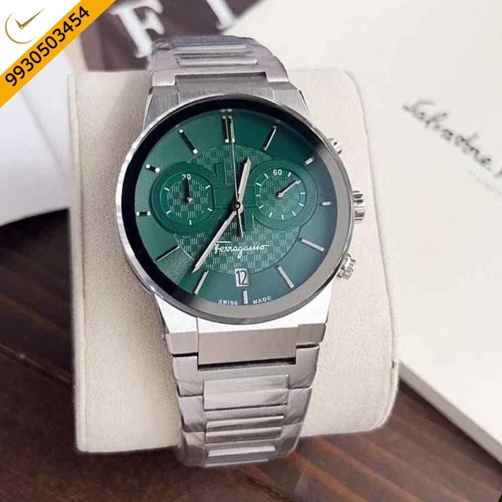 Ferragamo Sapphire Chronograph Silver Green Dial Swiss Watch