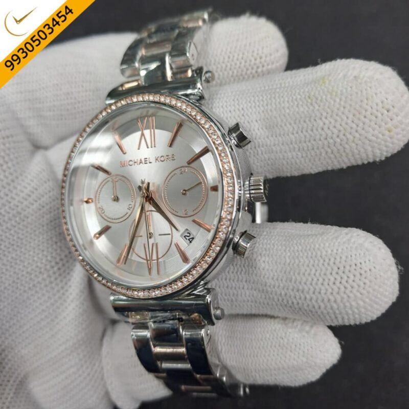 Michael Kors Analog White Dial Diamond Bazel Swiss Watch - Image 3