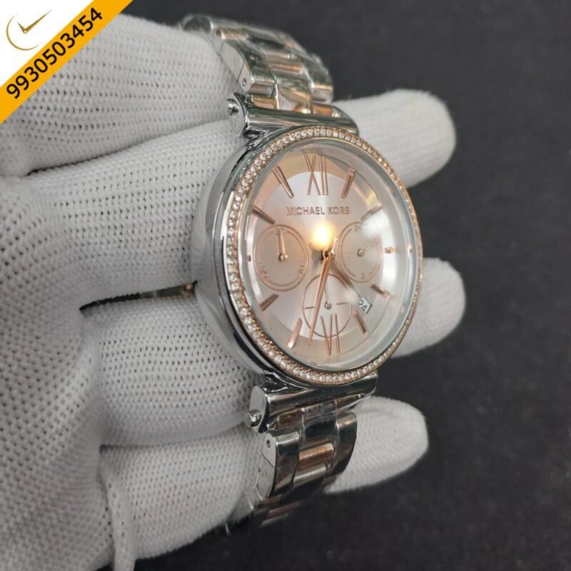 Michael Kors Analog White Dial Diamond Bazel Swiss Watch - Image 2