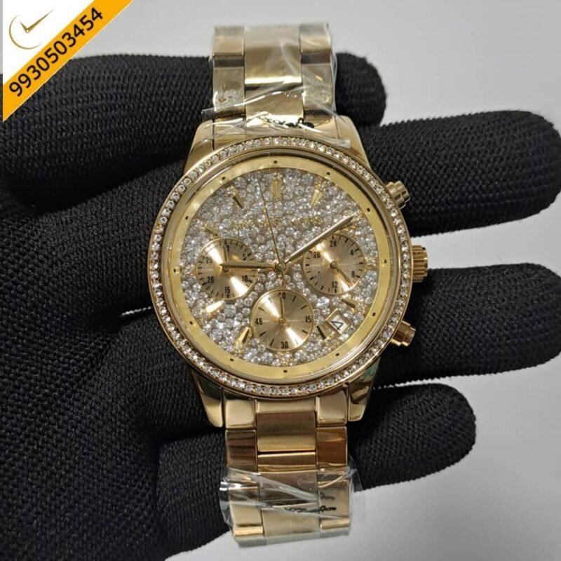 Michael Kors Chronograph Full Gold Diamond Studded Dial Swiss Watch