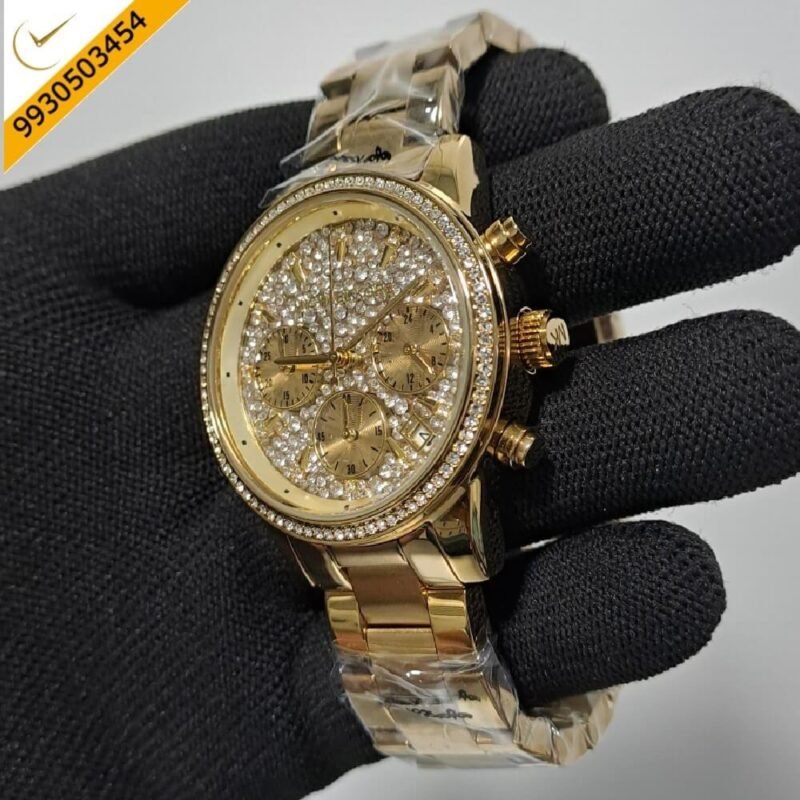 Michael Kors Chronograph Full Gold Diamond Studded Dial Swiss Watch - Image 3