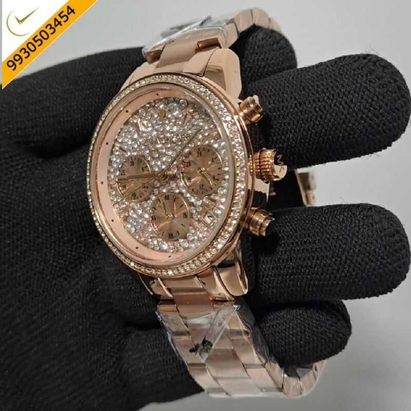 Michael Kors Chronograph Full Rose Gold Diamond Studded Dial Swiss Watch - Image 3