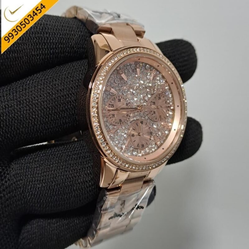 Michael Kors Chronograph Full Rose Gold Diamond Studded Dial Swiss Watch - Image 2