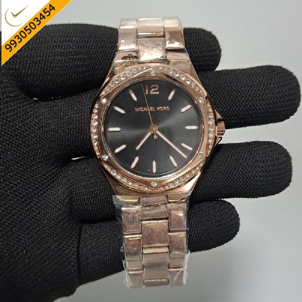 Michael Kors Lennox Rose Gold Black Dial Rose Gold Strap Swiss Watch