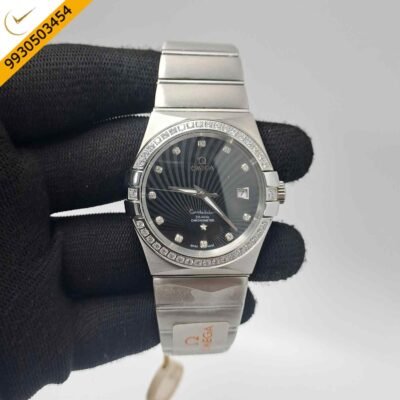 Omega Constellation Co Axial Steel Diamond Bezel Black Dial Swiss Automatic Watch