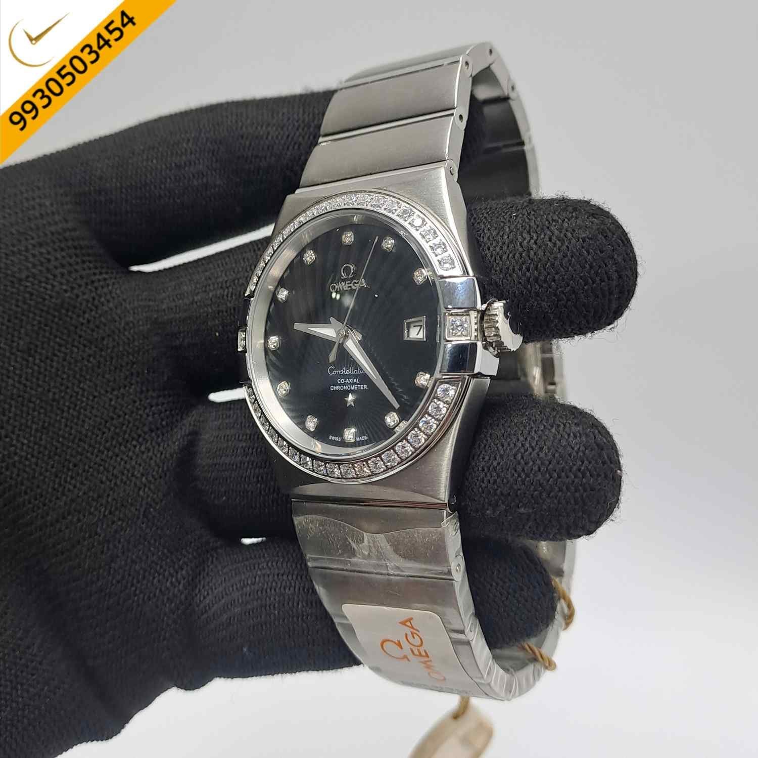 Omega Constellation Co Axial Steel Diamond Bezel Black Dial Swiss Automatic Watch - Image 3