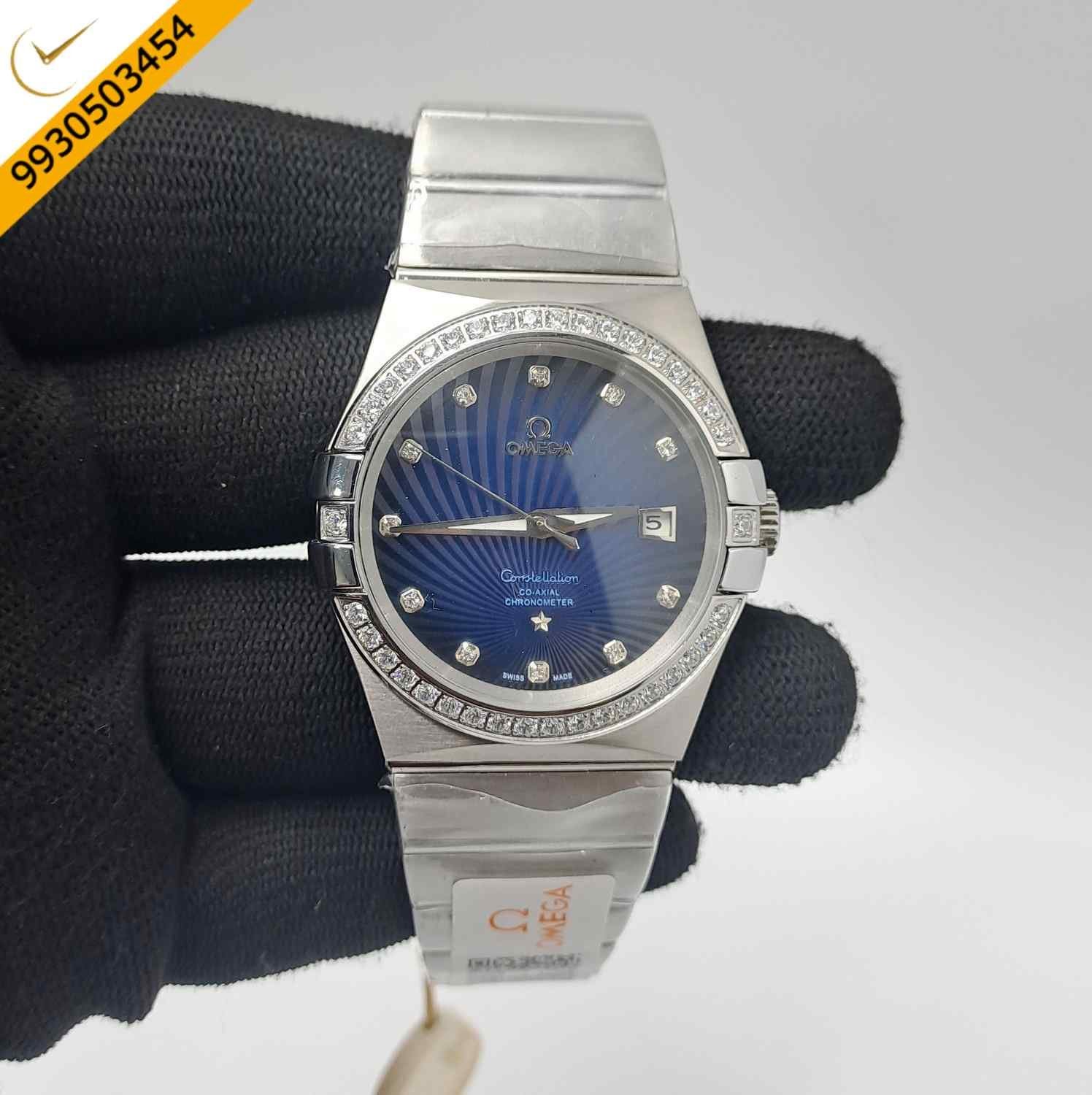 Omega Constellation Co Axial Steel Diamond Bezel Blue Dial Swiss Automatic Watch