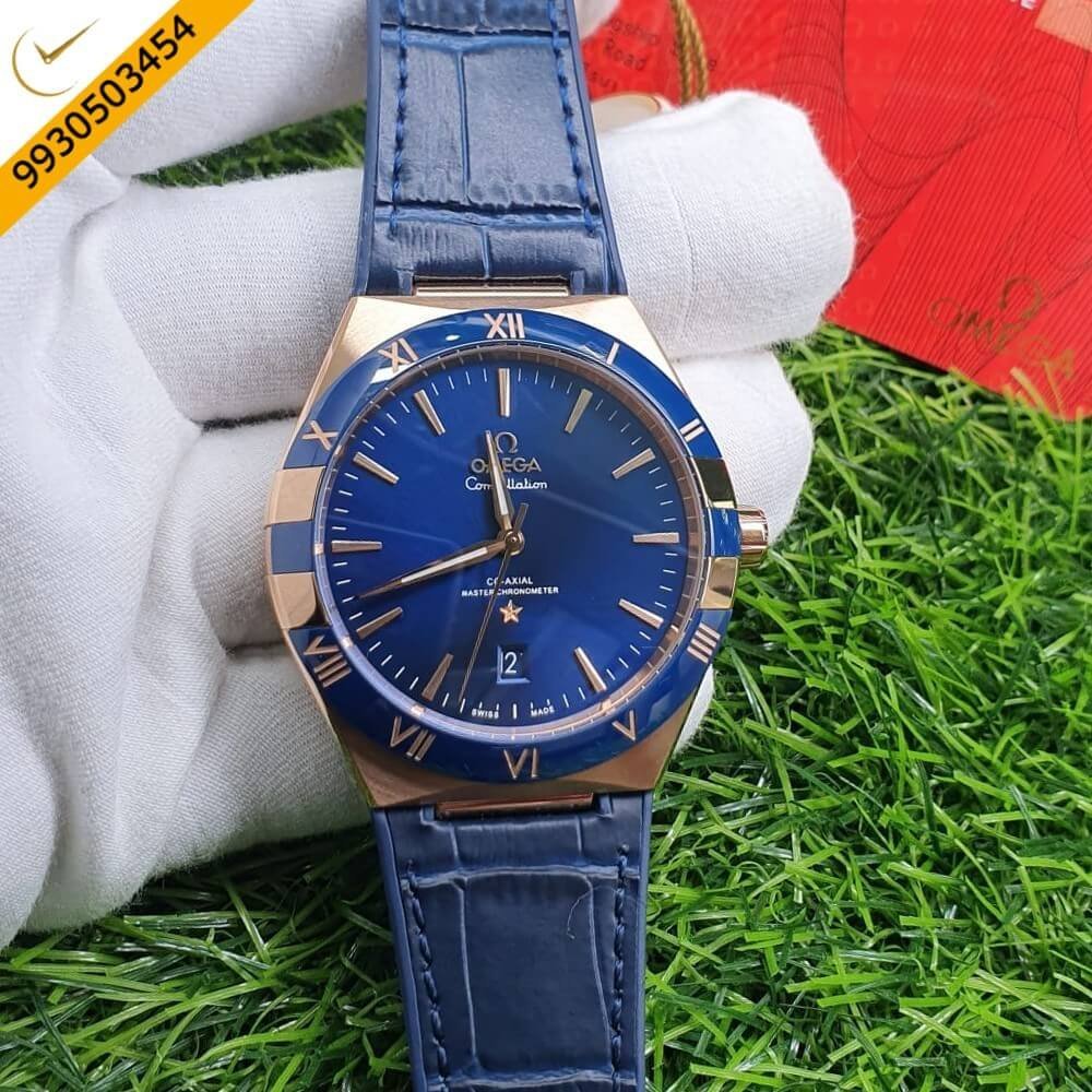 Omega Constellation Rose Gold Blue Dial Swiss ETA Valjoux 2250 Automatic Movement watch