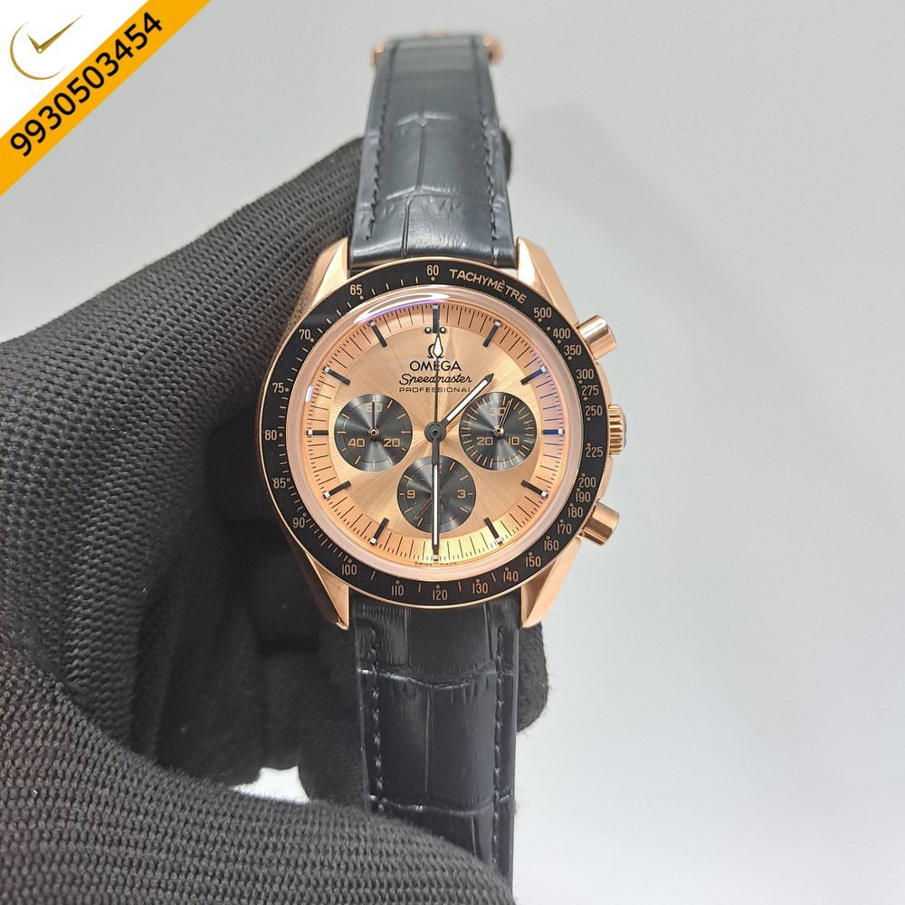 Omega Speedmaster Professional Moonwatch Chronograph Rose Gold Dial Black Leather Swiss Watch