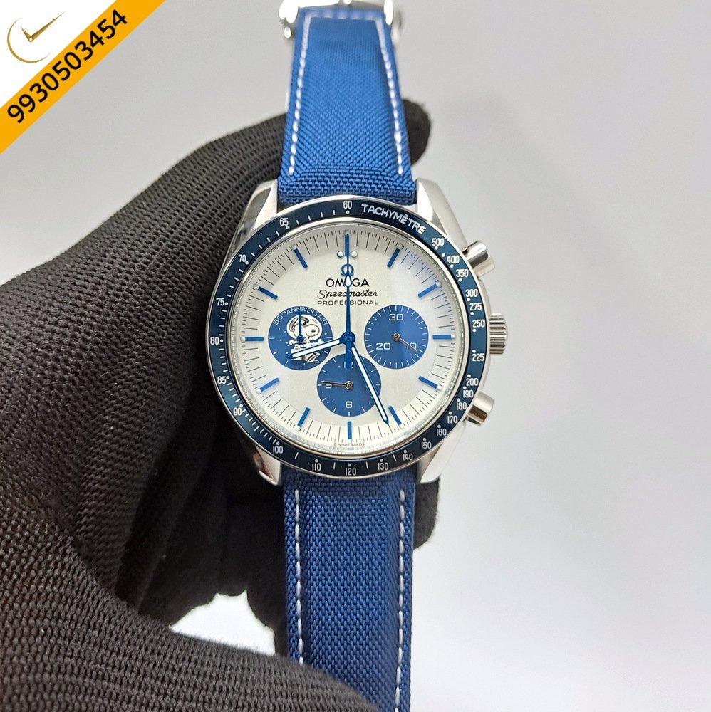 Omega Speedmaster Snoopy Award 50th Anniversary Chronograph White Dial Blue Leather Strap Watch