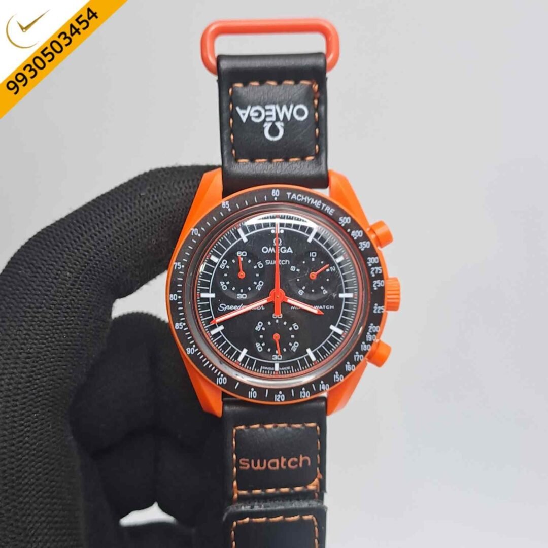 Omega Speedmaster Swatch Moonswatch Mission On Earth Black Orange Chronograph Swiss Watch