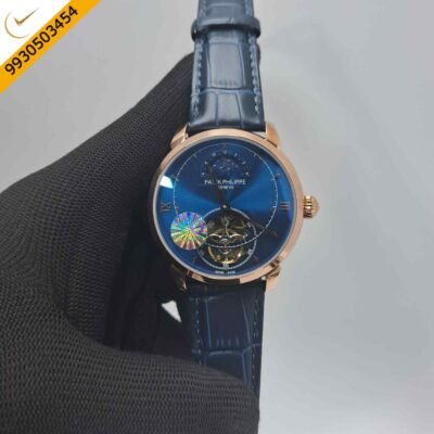 PATEK PHILIPPE Rose Gold Couro Blue Dial Leather Strap Swiss Automatic Watch