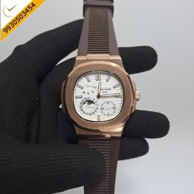 Patek Philippe Aquanaut White Dial Brown Rubber Strap Swiss Automatic Watch