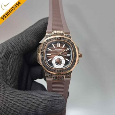 Patek Philippe Nautilus Engraved Rose Gold Brown Dial Brown Rubber Strap Swiss Semi ETA Automatic Watch