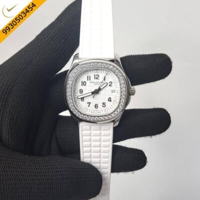 Patek Philippe Nautilus Diamond Bezel White Dial Rubber Strap Swiss Watch