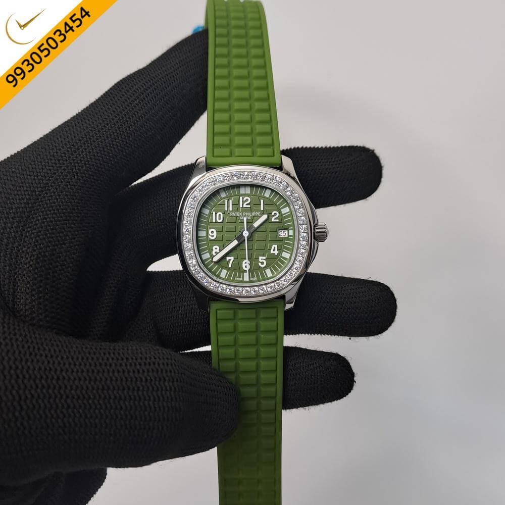 Patek Philippe Nautilus Diamond Bezel Green Dial Rubber Strap Swiss Watch