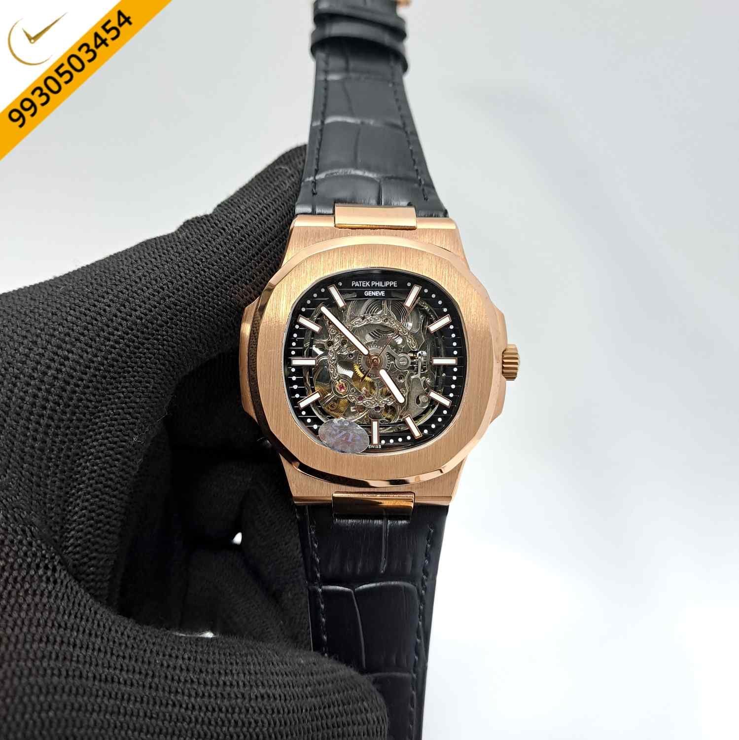 Patek Philippe Nautilus Rose Gold Black Dial Black Leather Strap Swiss Automatic Watch