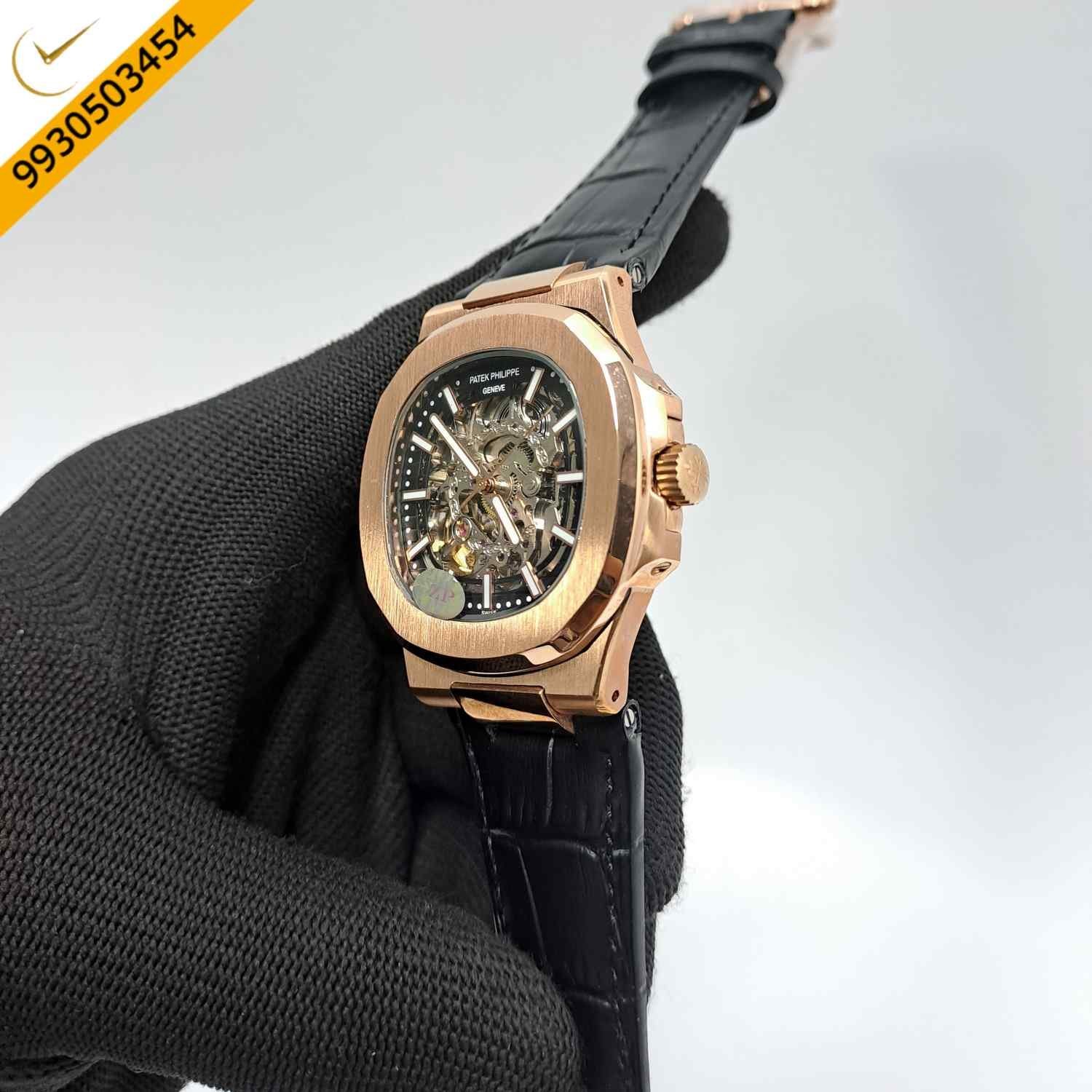 Patek Philippe Nautilus Rose Gold Black Dial Black Leather Strap Swiss Automatic Watch - Image 3