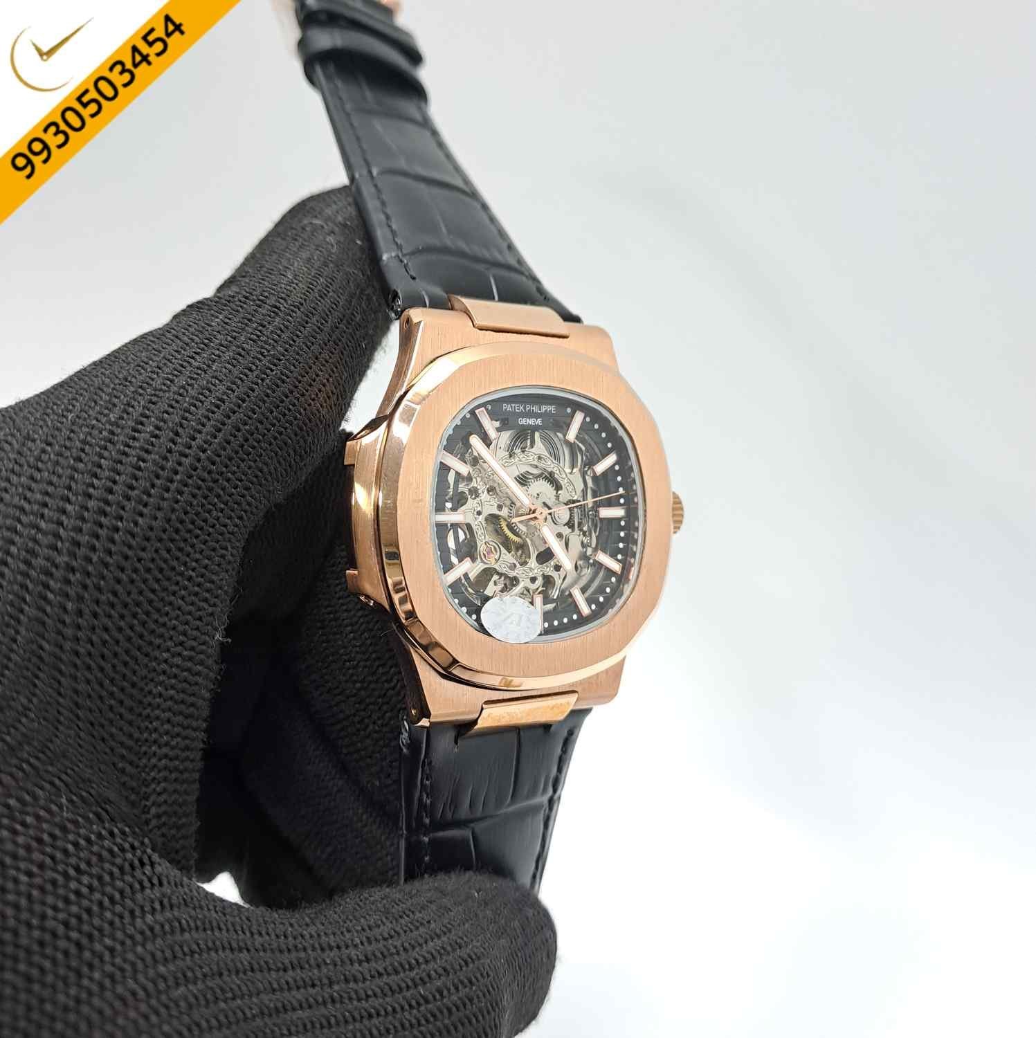 Patek Philippe Nautilus Rose Gold Black Dial Black Leather Strap Swiss Automatic Watch - Image 2