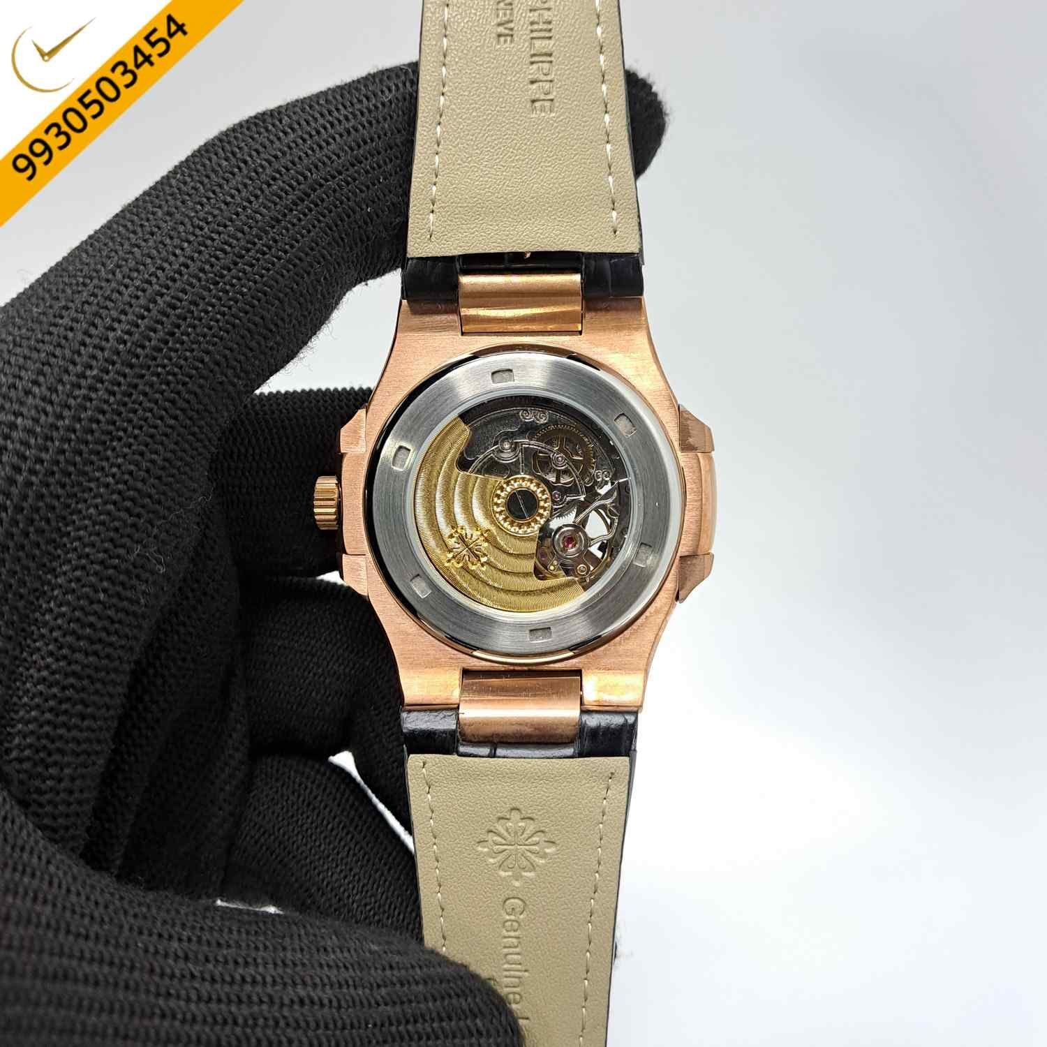 Patek Philippe Nautilus Rose Gold Black Dial Black Leather Strap Swiss Automatic Watch - Image 4