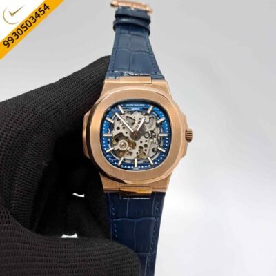 Patek Philippe Nautilus Rose Gold Blue Dial Blue Leather Strap Swiss Automatic Watch
