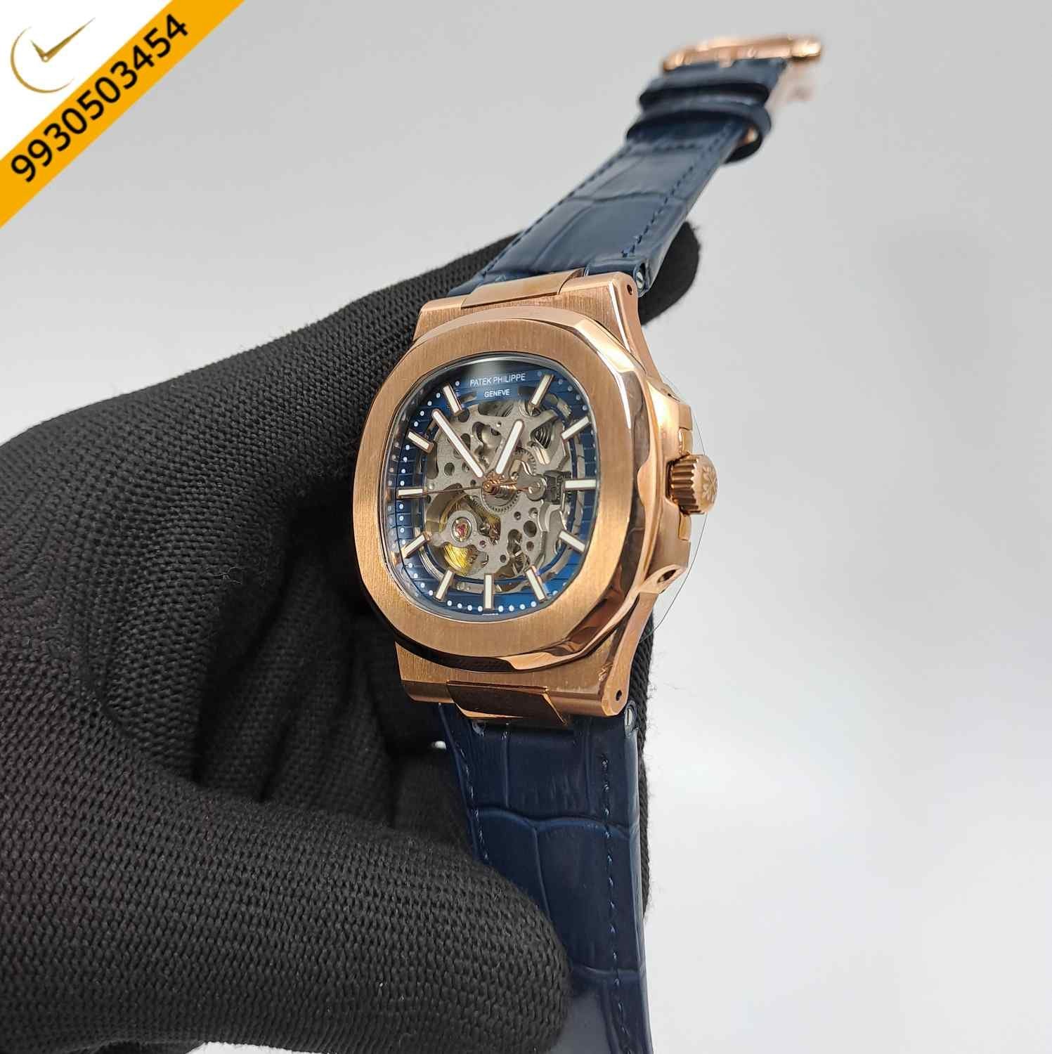 Patek Philippe Nautilus Rose Gold Blue Dial Blue Leather Strap Swiss Automatic Watch - Image 3