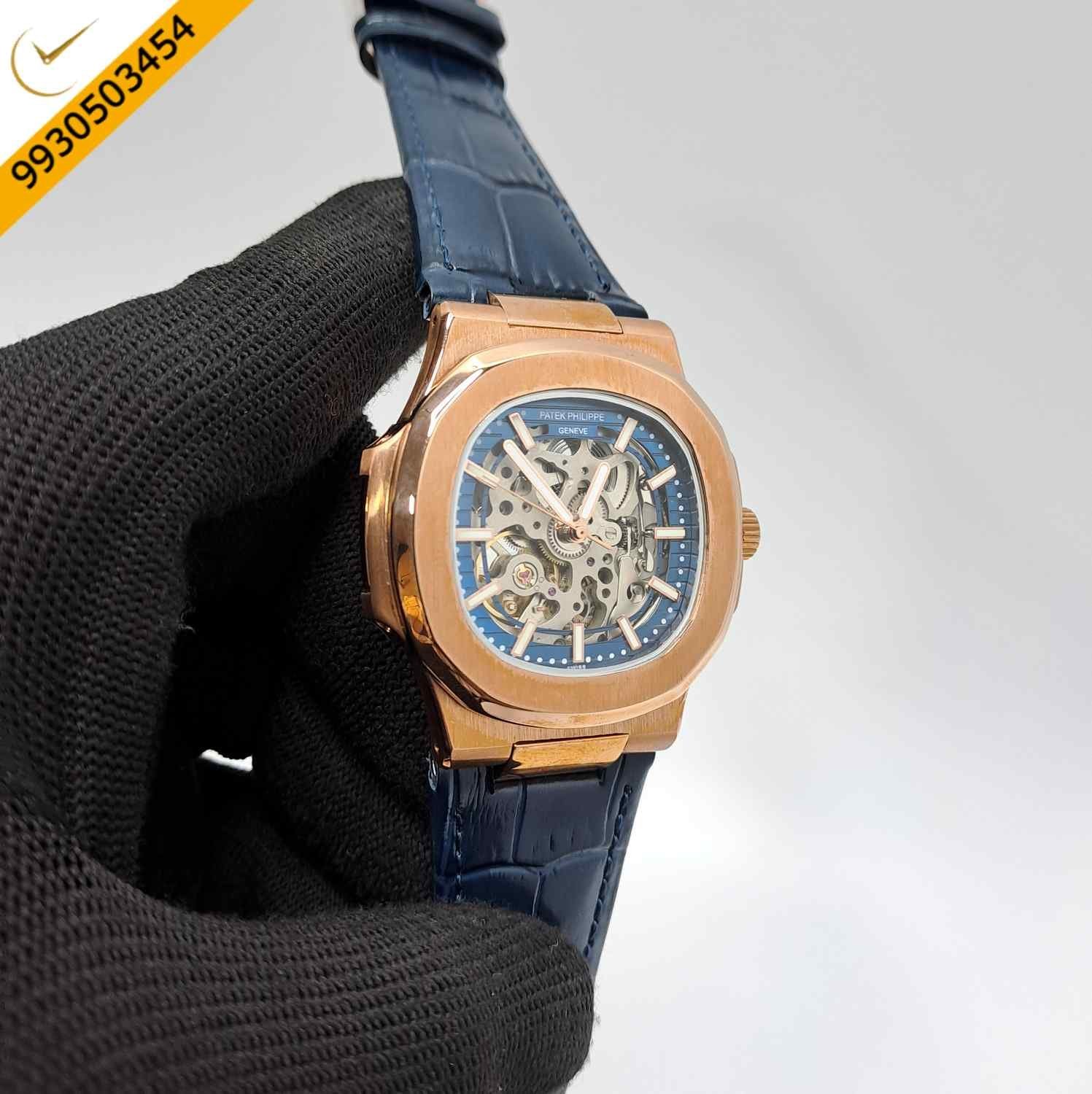 Patek Philippe Nautilus Rose Gold Blue Dial Blue Leather Strap Swiss Automatic Watch - Image 2