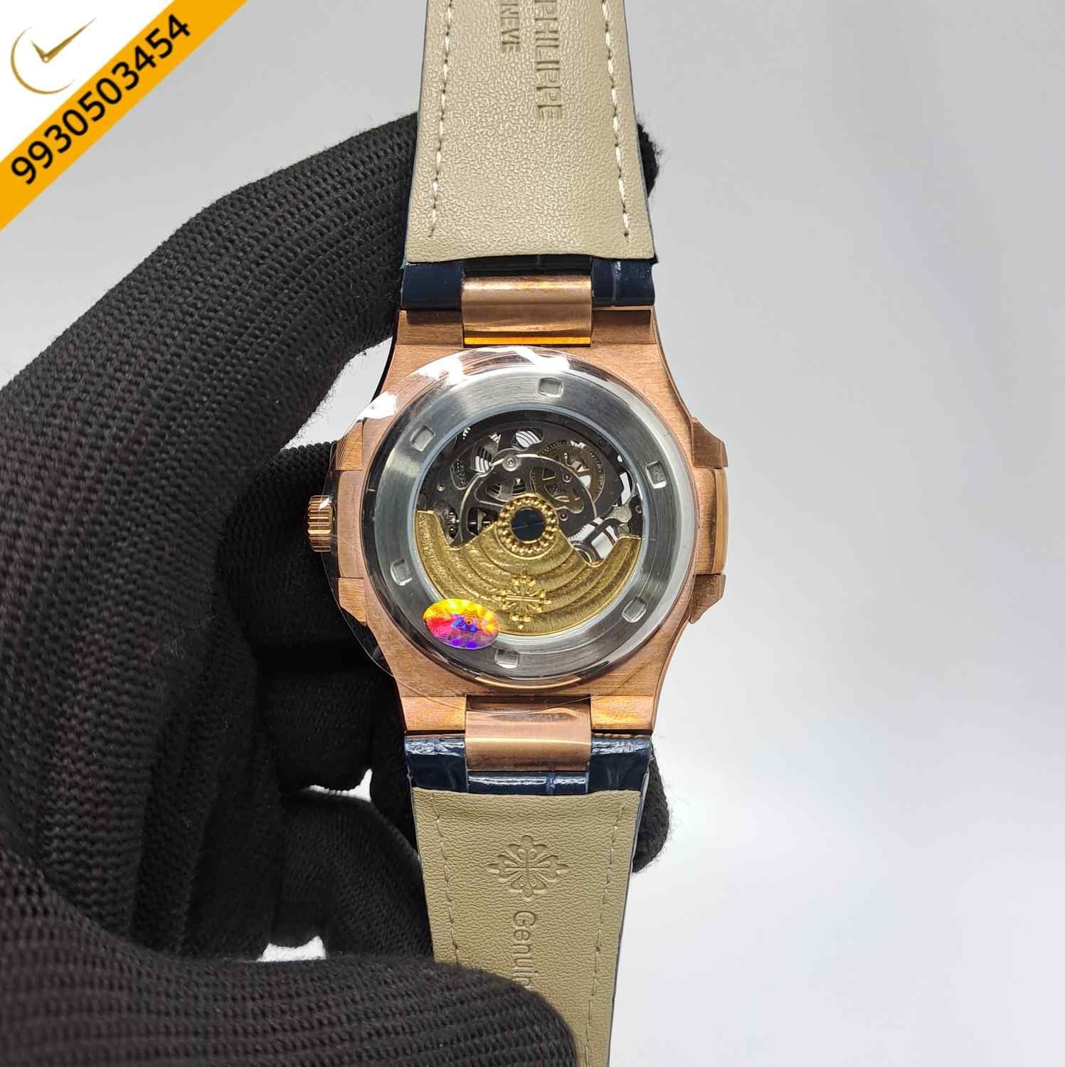 Patek Philippe Nautilus Rose Gold Blue Dial Blue Leather Strap Swiss Automatic Watch - Image 4
