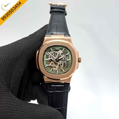 Patek Philippe Nautilus Rose Gold Green Dial Black Leather Strap Swiss Automatic Watch