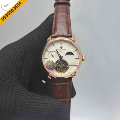 Patek Philippe Tourbillon Perpetuel Rose Gold White Dial Brown Leather Swiss Automatic Watch