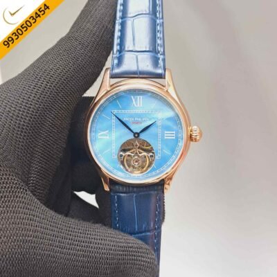 Patek Philippe Tourbillon Rose Gold Blue Dial Leather Strap Swiss Automatic Watch