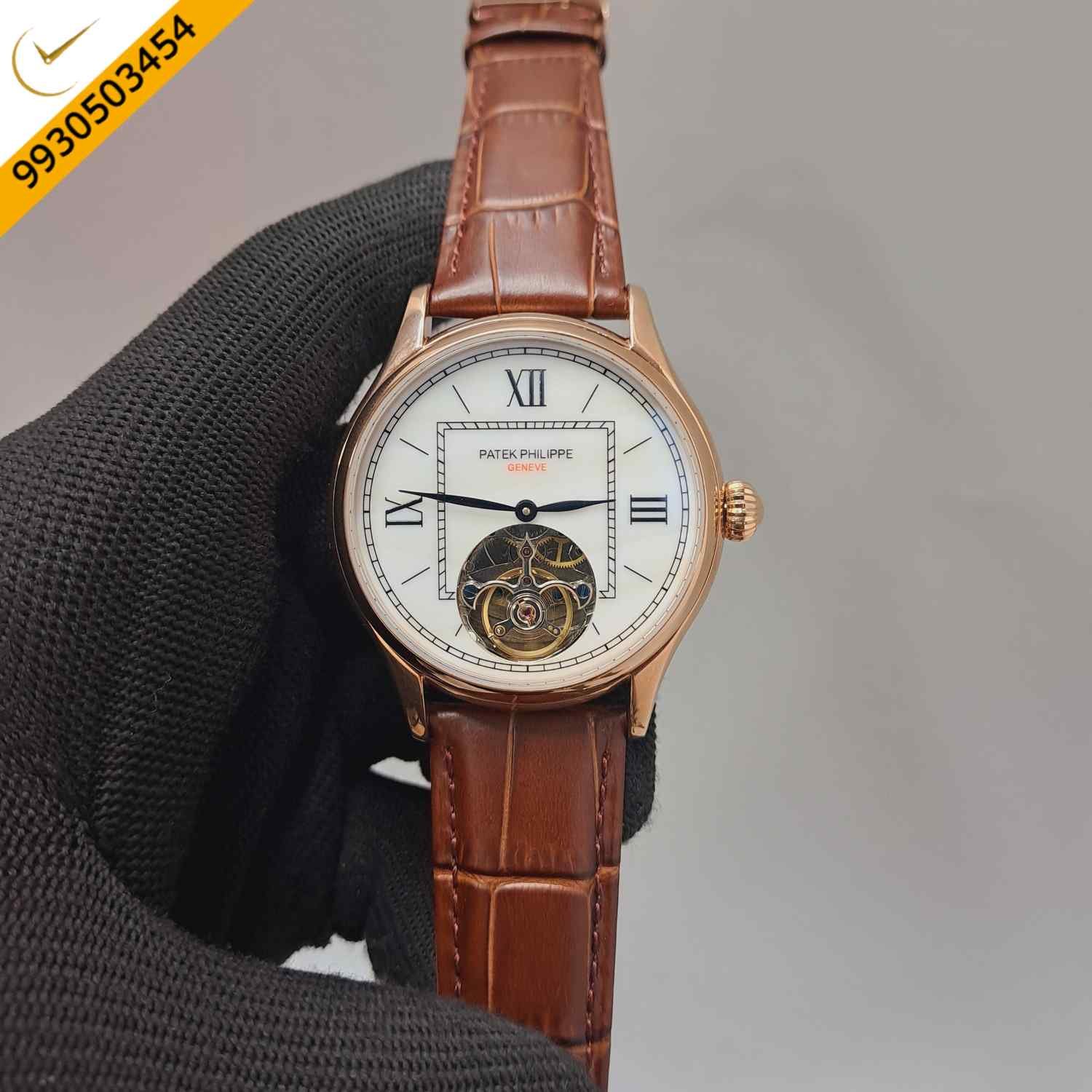 Patek Philippe Tourbillon Swiss automatic watch featuring a rose gold case, elegant white dial, premium brown leather strap, and luxury tourbillon movement.