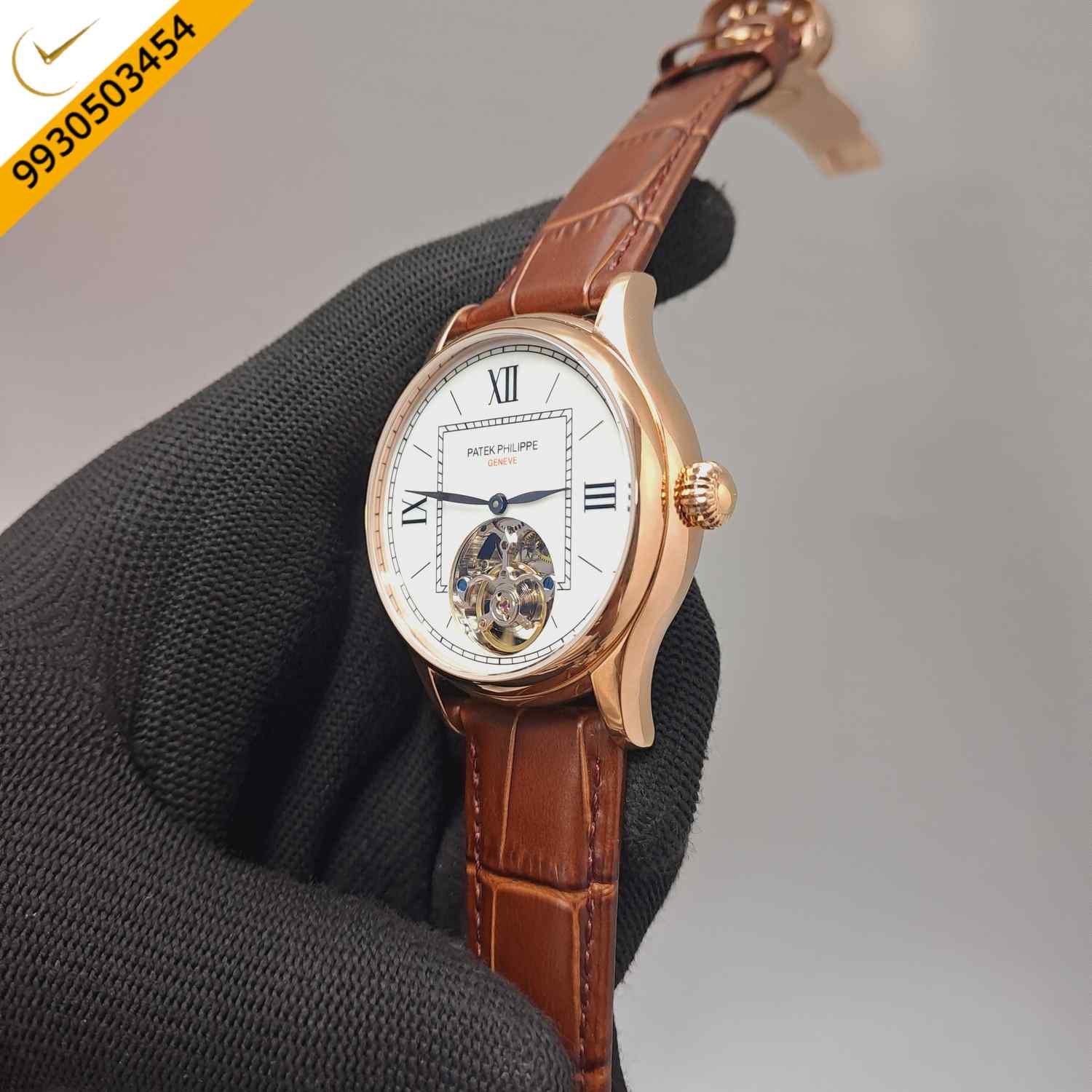 Patek Philippe Tourbillon Rose Gold White Dial Brown Leather Strap Swiss Automatic Watch - Image 2