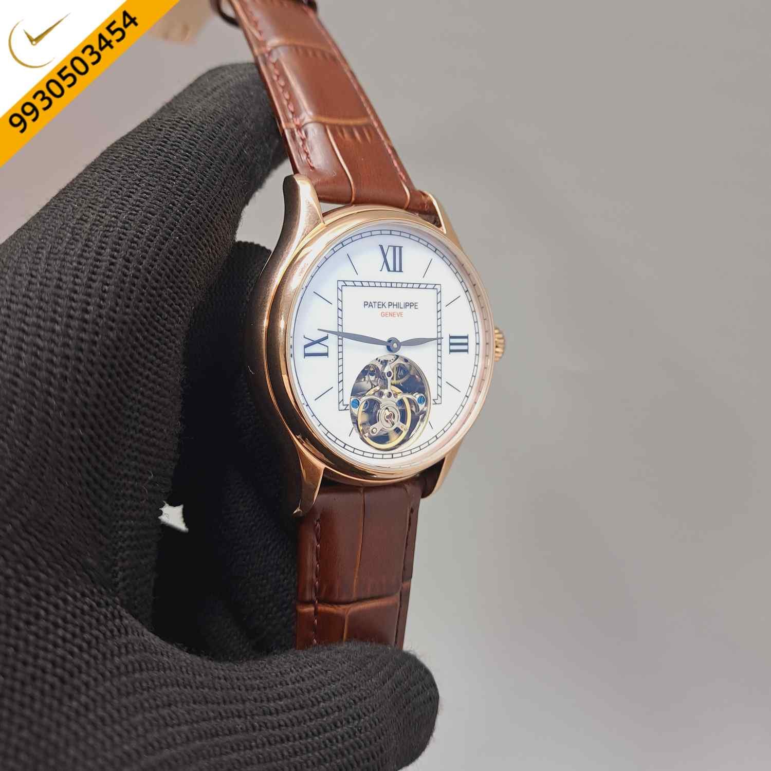 Patek Philippe Tourbillon Rose Gold White Dial Brown Leather Strap Swiss Automatic Watch - Image 3