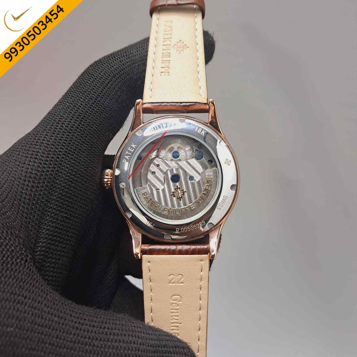 Patek Philippe Tourbillon Rose Gold White Dial Brown Leather Strap Swiss Automatic Watch - Image 4